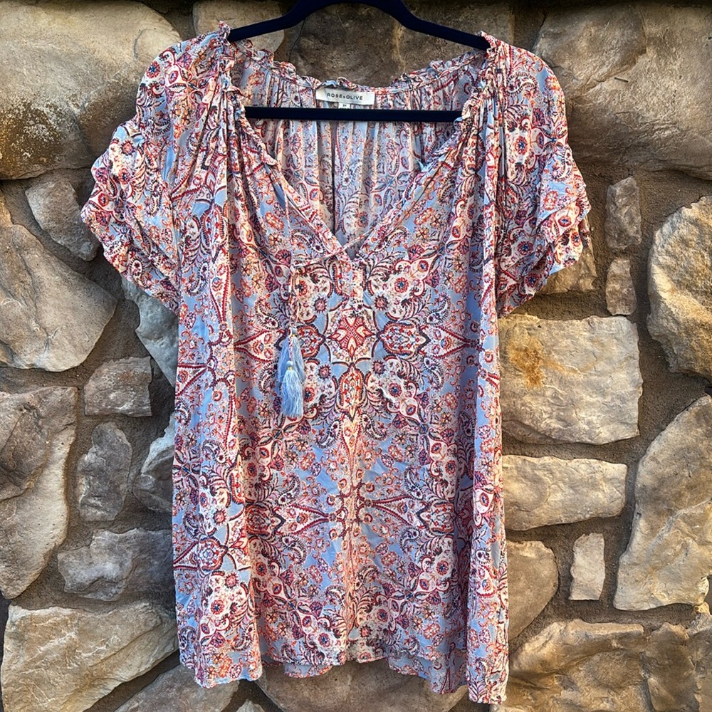 Rose + Olive Paisley Top Blouse Boho Ruffle Sleeve V-neck Size 3X